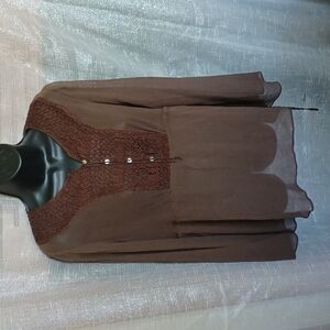 MIMI MATERNITY 100% SILK Ruffles Sheer Blouse, brown, bell sleeves